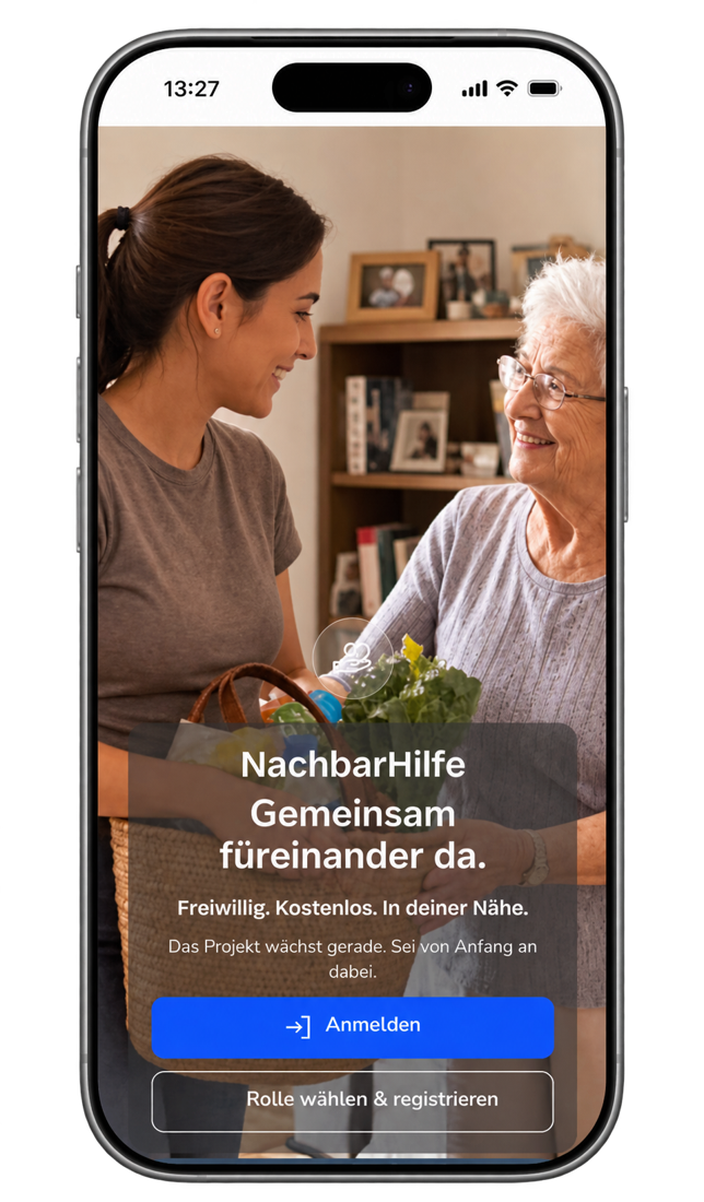 Nachbarhilfe app preview showing a younger neighbour helping an older woman, with the message Gemeinsam füreinander da