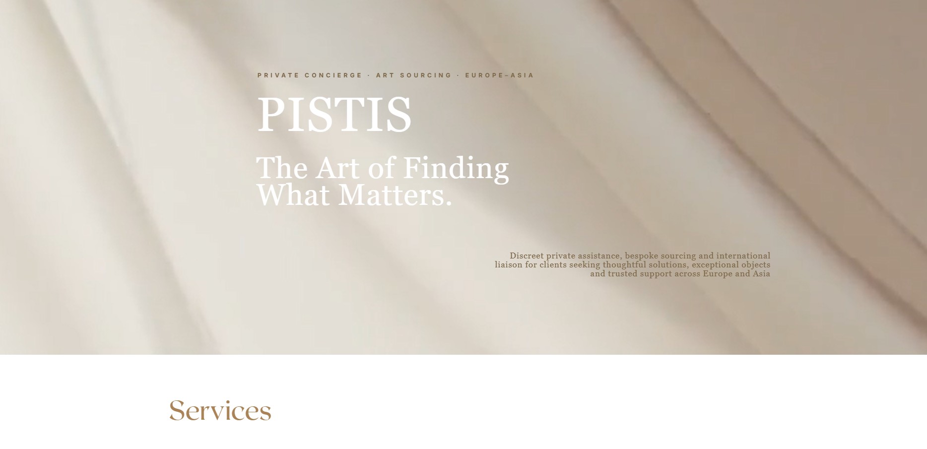 PISTIS website preview with a soft beige background and the headline The Art of Finding What Matters